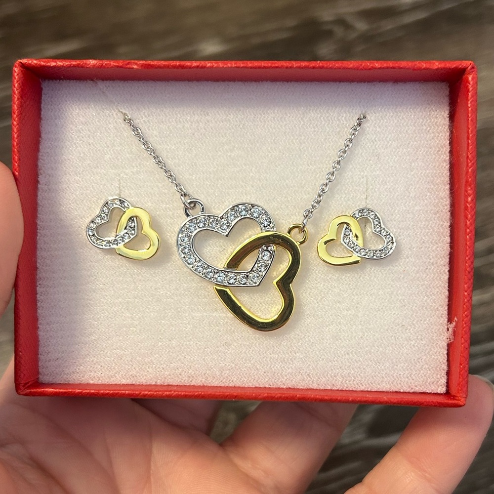 Necklace and earring set- interlocking hearts- with Swarovski crystals